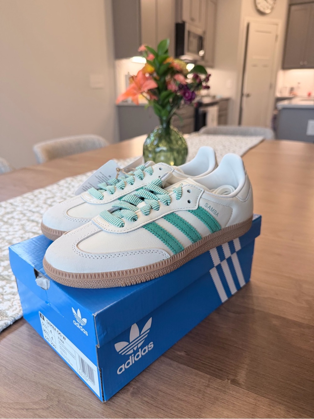 adidas Womens Samba Shoes in White with Green Stripes